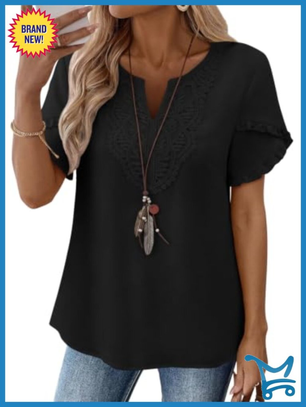 Womens Boho Lace V Neck Ruffle Sleeve Blouse Flowy Summer Top